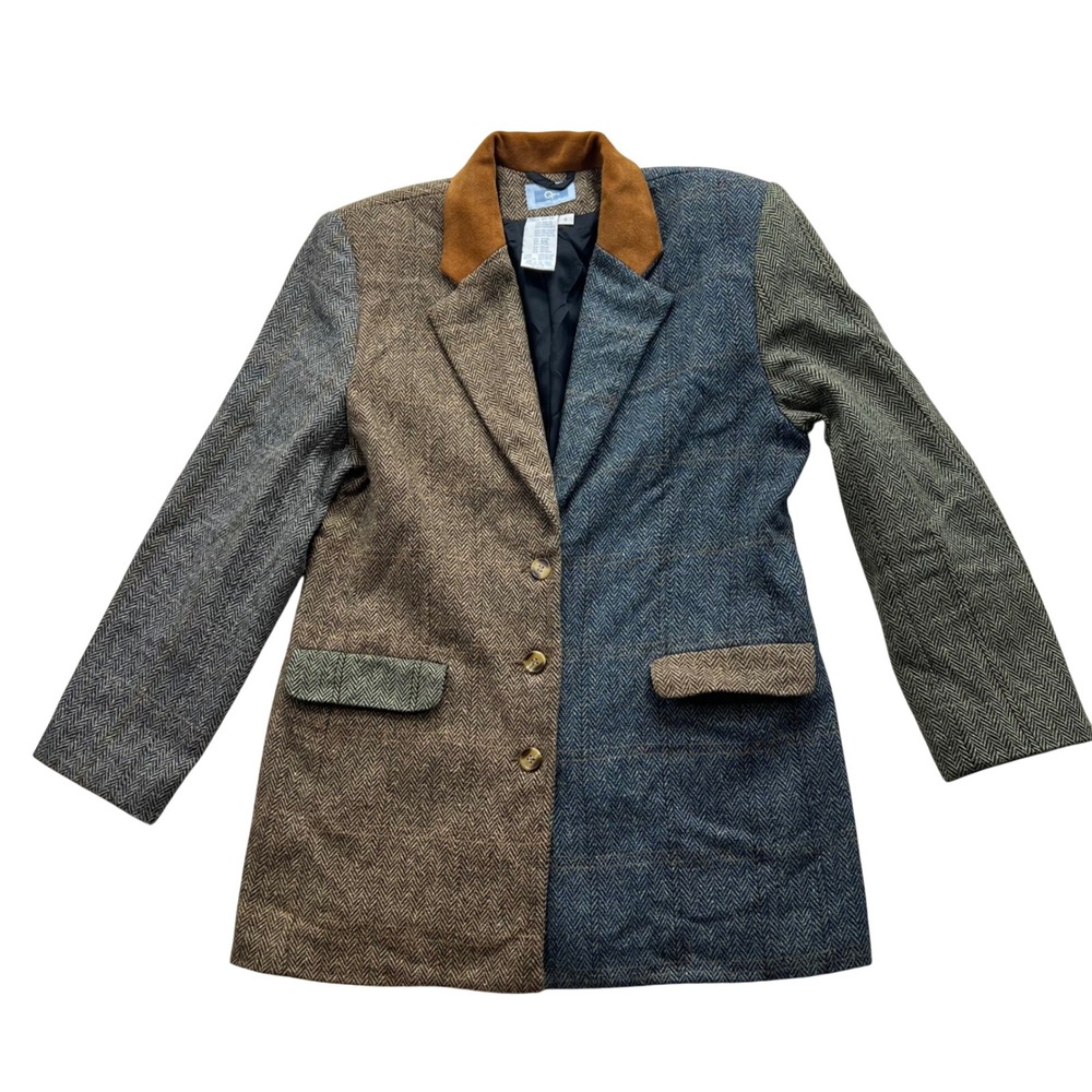 QPS Patchwork Colorblock Blazer Women 8 Multicolor Herringbone Wool Blend Jacket